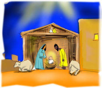 Desenho com traços infantis ilustrando uma cena de Natal, do nascimento de Jesus.